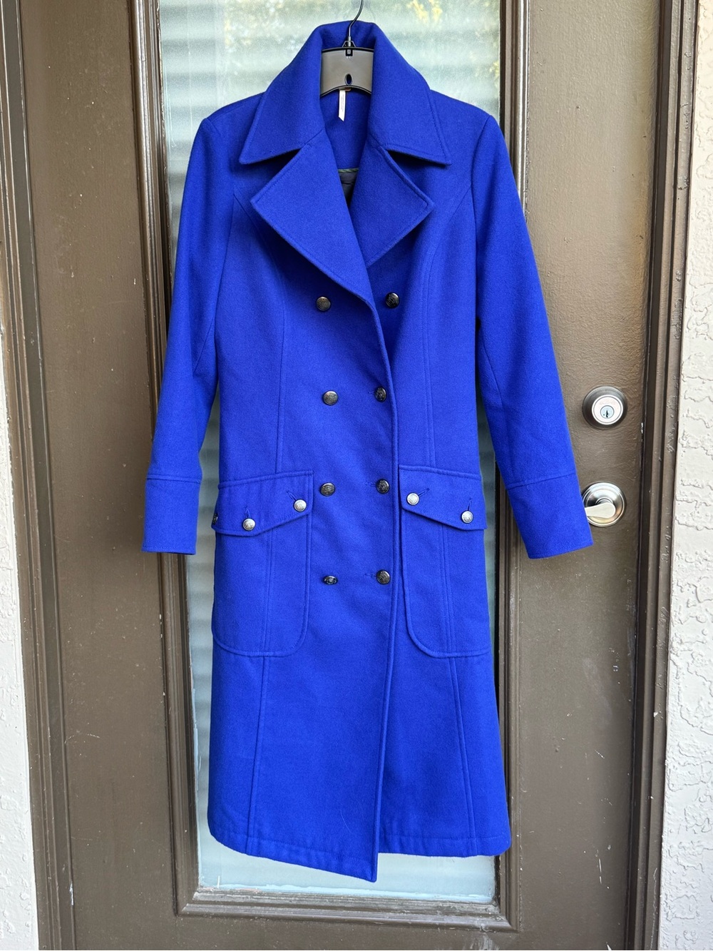 Free People Double-Breasted Long Mid Length Coat in Cobalt Blue
